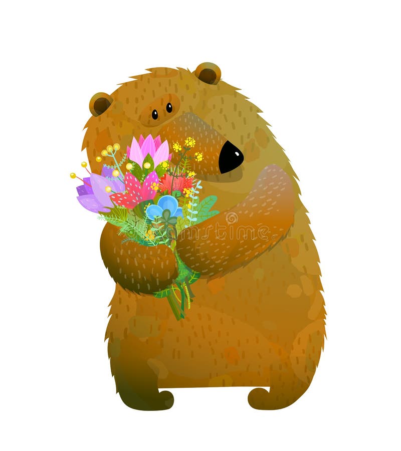 Bruin draag het houden bos van bloemen vector illustratie Bruin draag het houden bos van bloemen vector illustratie