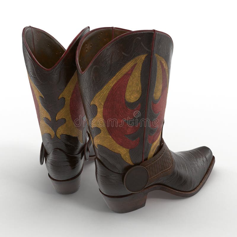 Bruine Cowboy Boots met het sier stikken op wit 3D Illustratie