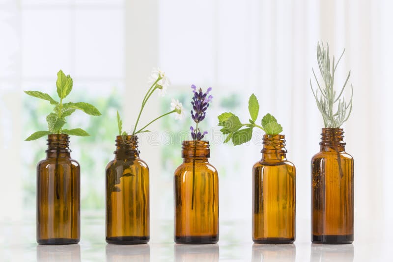 Bottle of essential oil with herbs and spices in brown bottles. Bottle of essential oil with herbs and spices in brown bottles