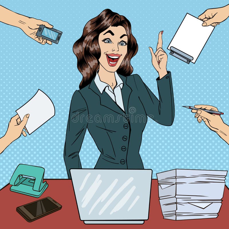 Bruit Art Busy Business Woman Had une idée au travail de bureau multi d'imposition illustration libre de droits Bruit Art Busy Business Woman Had une idée au travail de bureau multi d'imposition illustration libre de droits