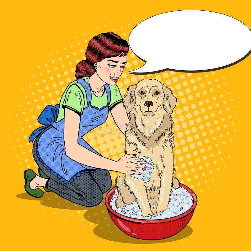 Bruit Art Happy Woman Washing Labrador illustration stock Bruit Art Happy Woman Washing Labrador illustration stock