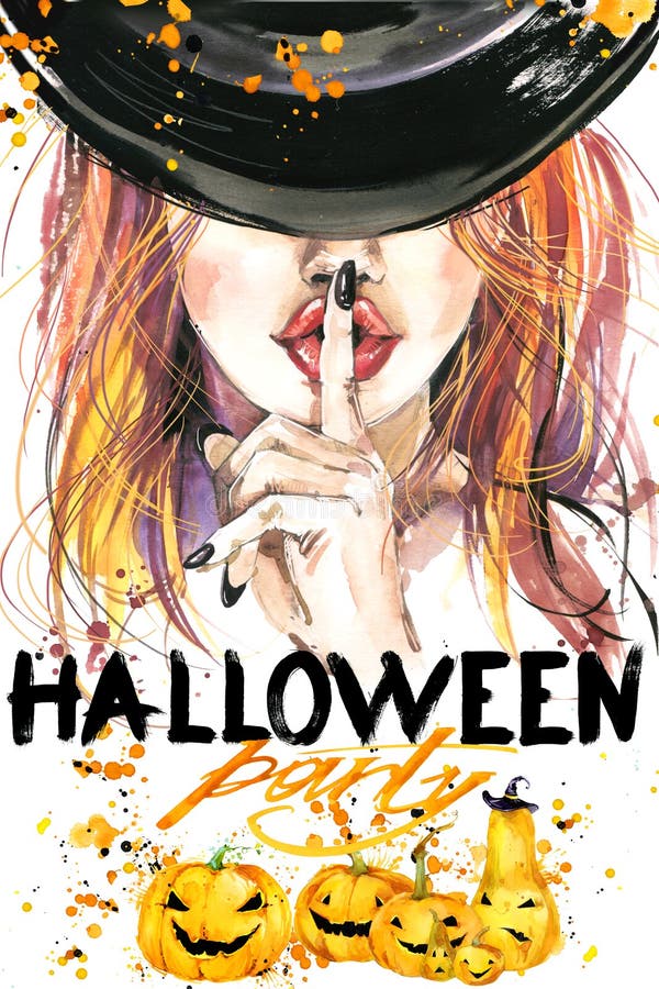 Brujas de la muchacha del ejemplo de la acuarela y partido de Halloween libre illustration