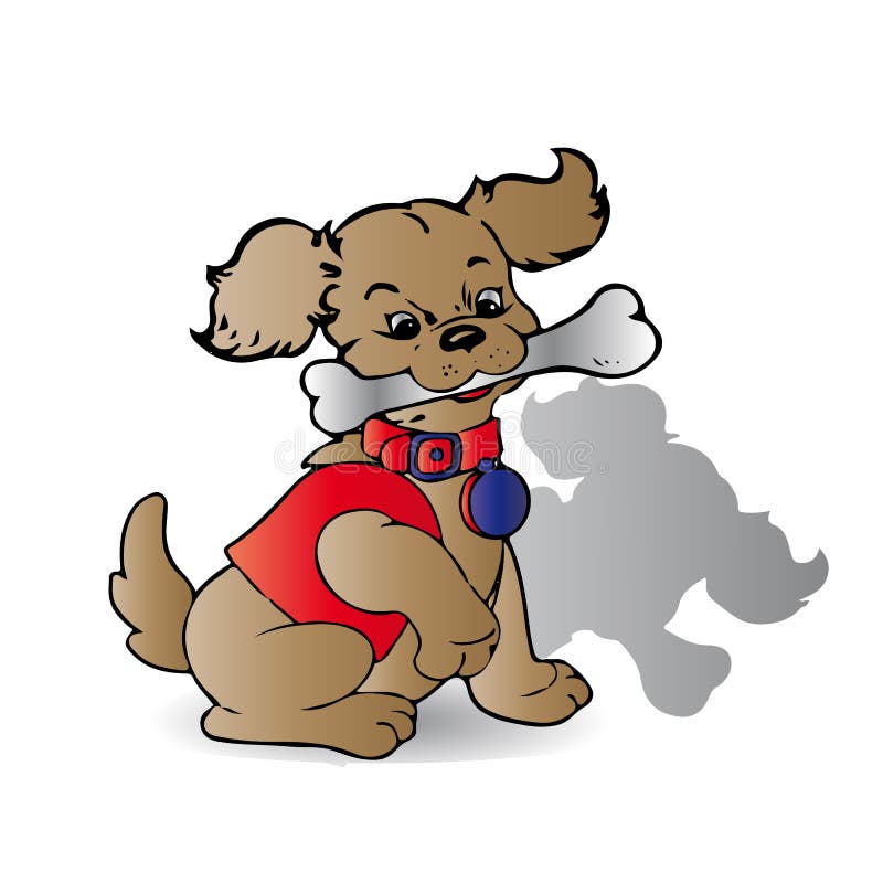 Brun hund med ett ben i hans tänder, med en krage i en röd dräkt, stock illustrationer Brun hund med ett ben i hans tänder, med en krage i en röd dräkt, stock illustrationer