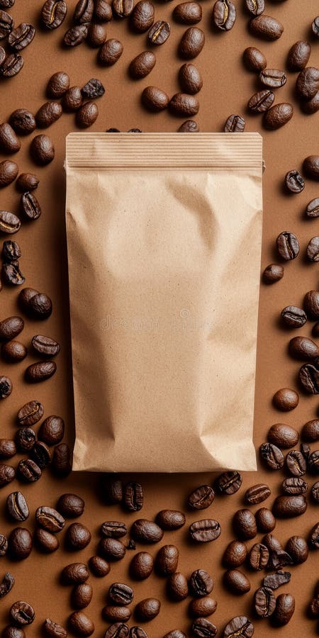 Brun kaffebönor som omger utformning av blankkraftsäcksförpackning AI Generativ förpackningsdesign royaltyfria foton