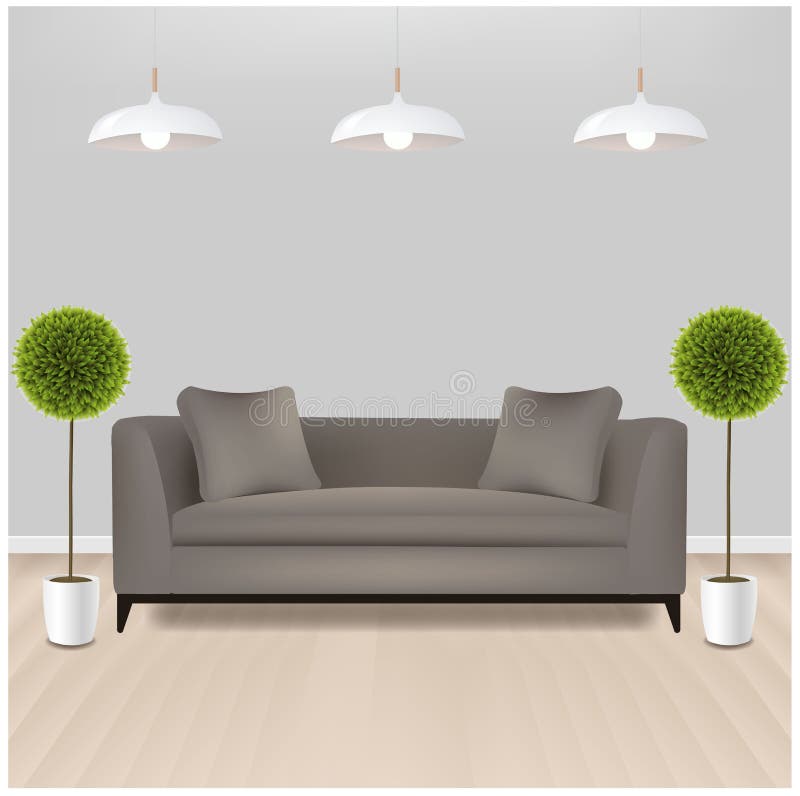 Brun sofa med grå bakgrund av lamm stock illustrationer