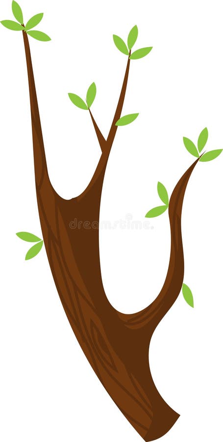 Brun trädgren som odlar nya gröna blad i vårårskonceptet återfödsel och ny tecknad bild av en enkel livskartong på en stock illustrationer