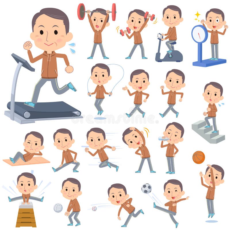 Set of various poses of Brown wear Middle aged man Sports & exercise. Set of various poses of Brown wear Middle aged man Sports & exercise