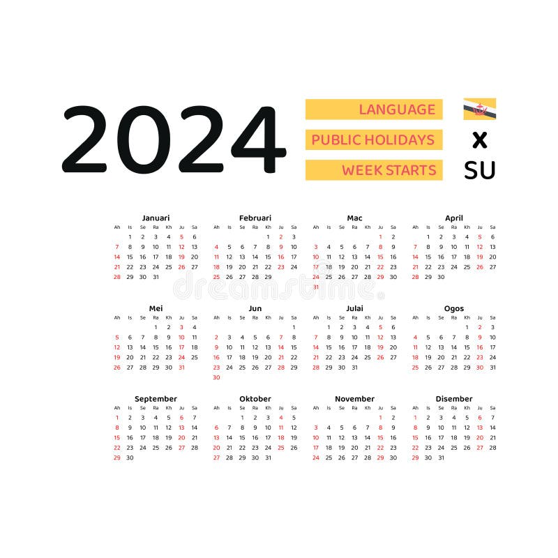 Brunei Darussalam Calendar 2024. Week Starts from Sunday. Vector
