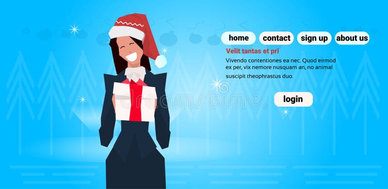 Brunettaffärskvinna som bär plan blå bakgrund för rött för hatthållgåva för ask för lyckligt nytt år begrepp för glad jul royaltyfri illustrationer Brunettaffärskvinna som bär plan blå bakgrund för rött för hatthållgåva för ask för lyckligt nytt år begrepp för glad jul royaltyfri illustrationer
