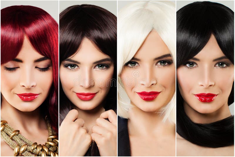 Brunette, blonde, bruin en rood de vrouwengezicht van het gemberhaar Haircare en haar die vrouwelijke gezichtsreeks kleuren stock fotografie Brunette, blonde, bruin en rood de vrouwengezicht van het gemberhaar Haircare en haar die vrouwelijke gezichtsreeks kleuren stock fotografie