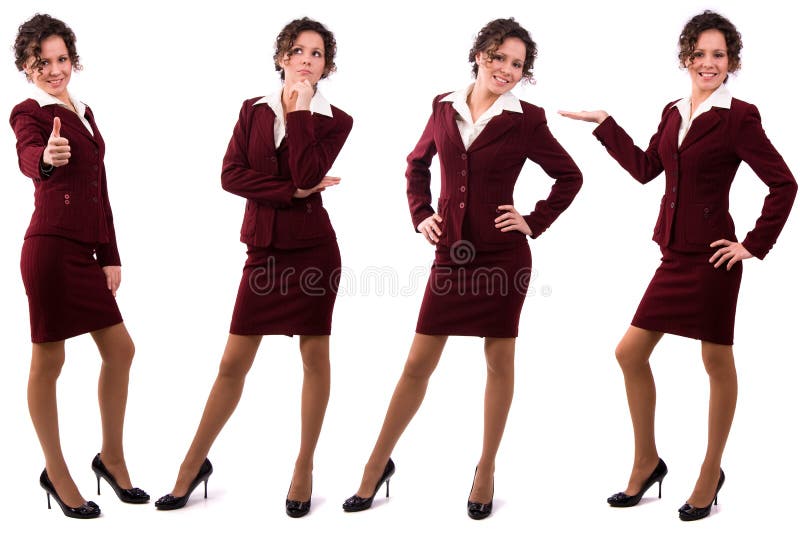 Brunette businesswoman dressed in redk suit.