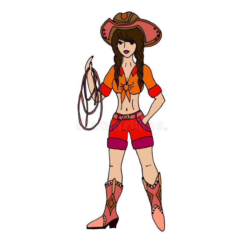 Brunette Cowgirl With Lasso Vector Illustration Isolated On White