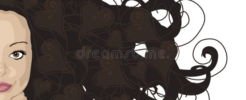 Illustration banner of woman with brunette hair and heart highlights. Illustration banner of woman with brunette hair and heart highlights