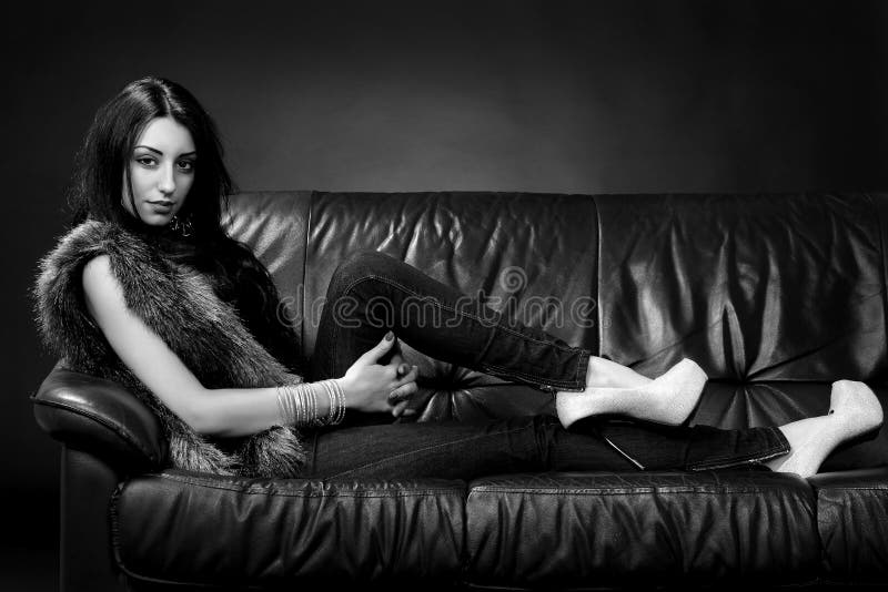 Brunette In Fur On The Couch Stock Image Image Of Legs Brunette