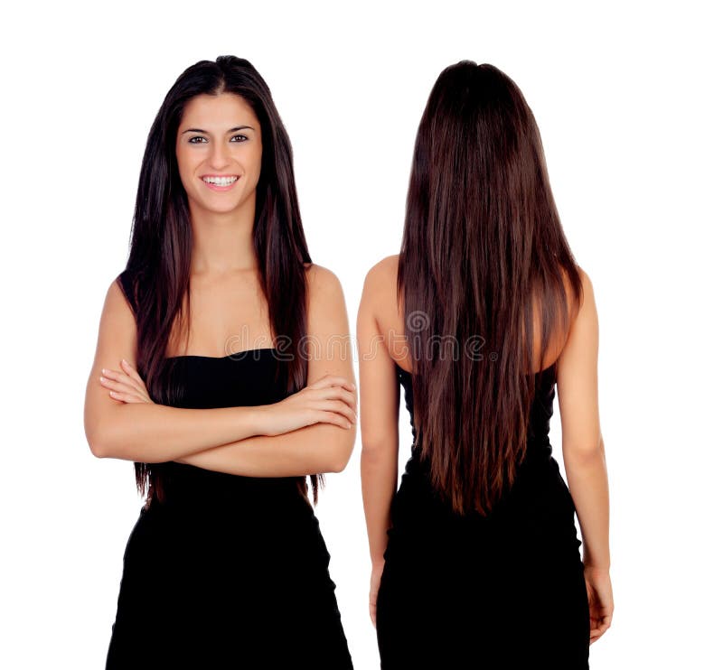 Brunette girl with black dress front and back stock image Brunette girl with black dress front and back stock image