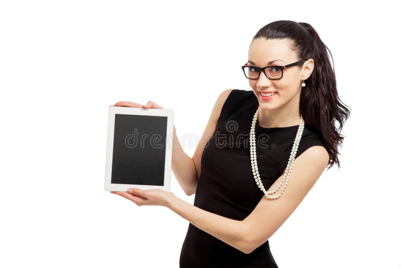 Brunette girl in black dress holding ipad