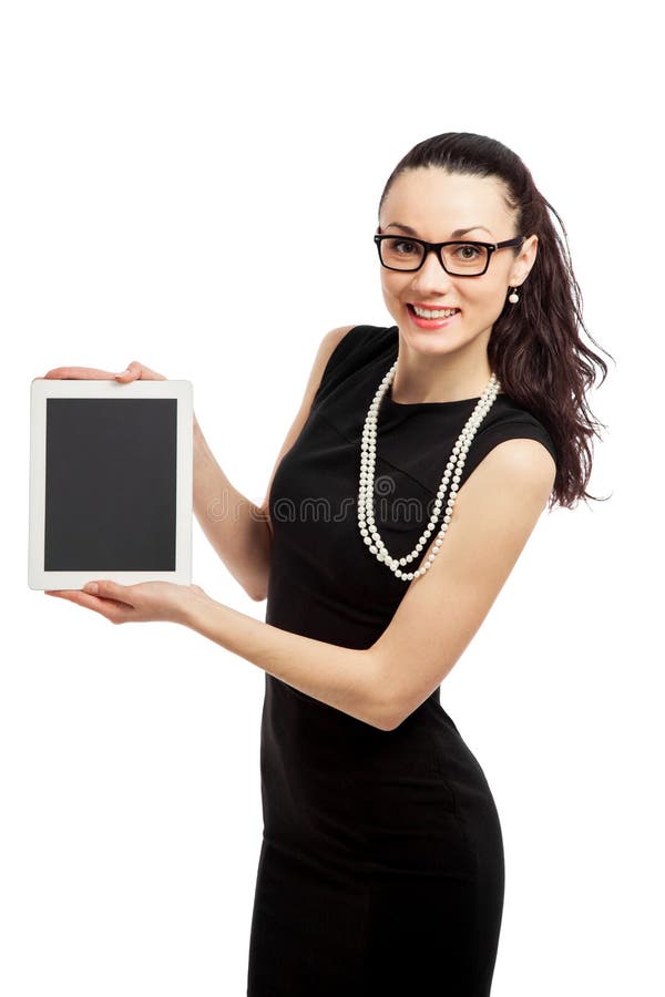 Brunette girl in black dress holding ipad