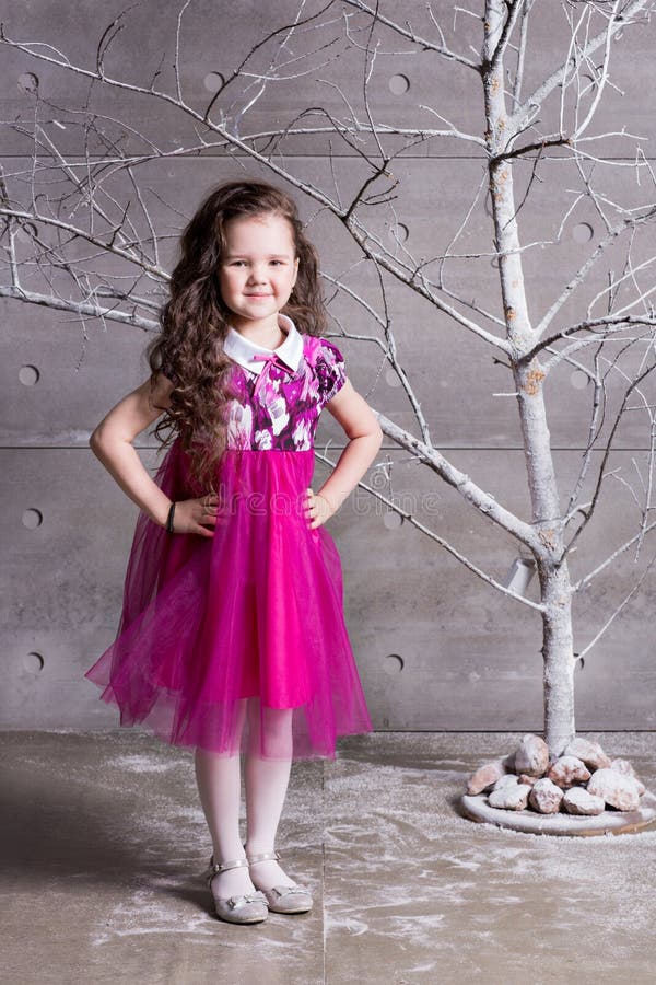Brunette girl child 5 years old in a pink dress. in holiday gray room with tree.