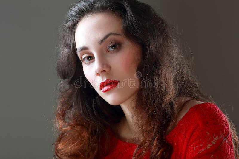 Brunette Girl with Red Lips Stock Photo - Image of glamour, elegance ...