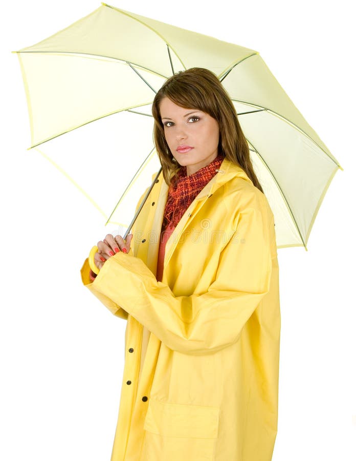 Brunette hold on a umbrella