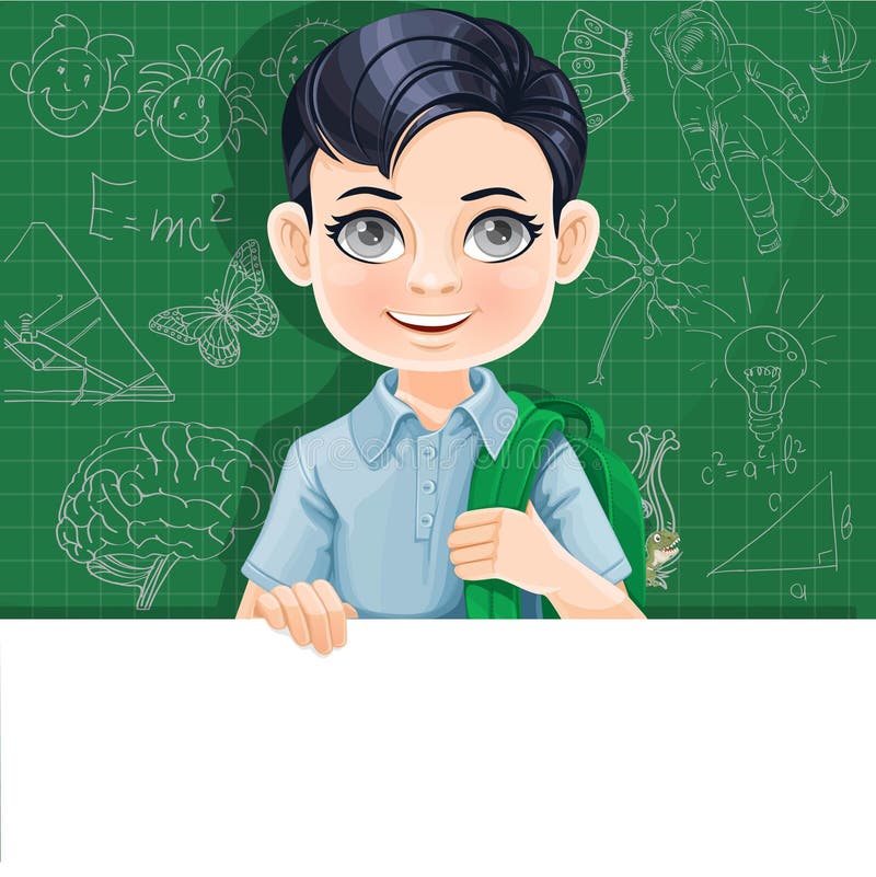 Brunette Junge mit Schultüte hält große weiße horizontale Banner auf einem grünen Hintergrund stock abbildung