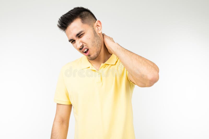 Man Pulled a Neck Muscle on a White Studio Background Stock
