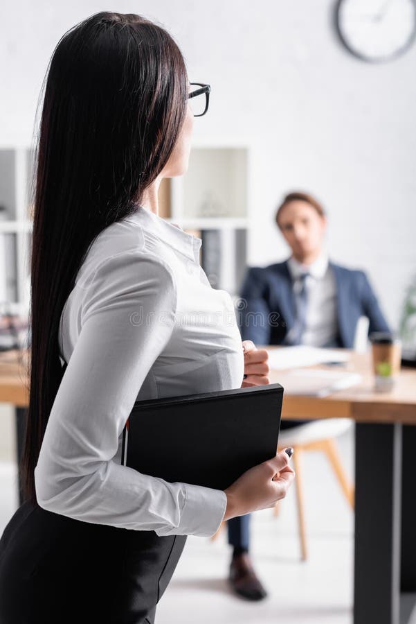 Brunette Secretary Seducing Businessman While Unbuttoning Stock Image Image Of Blouse 