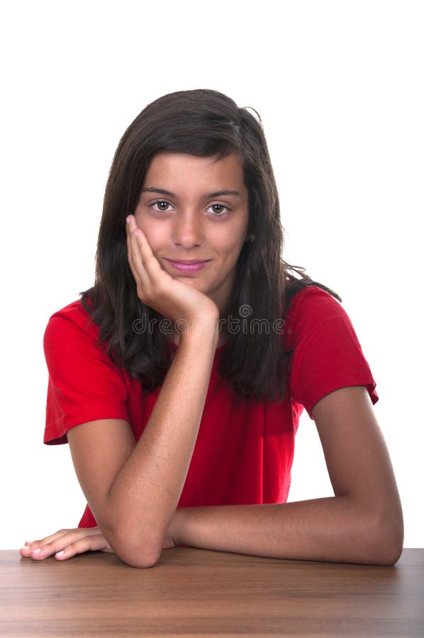 Brunette Teen Girl On Her Desk Stock Image Image Of White