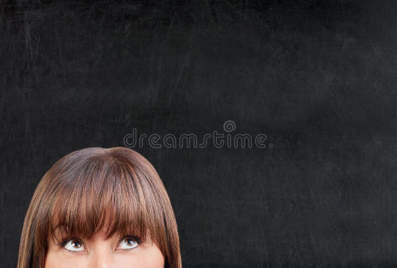 Download Brunette Woman Looking Upward Against Blank Blackboard Chalkboar Stock Photo - Image of beauty, concept: 109531820