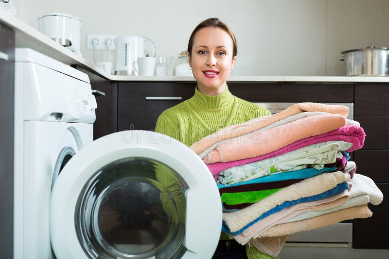 Brunette Woman Near Washing Machine Stock Image - Image of washing ...