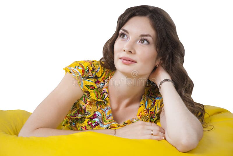 Brunette young woman looking up isolated