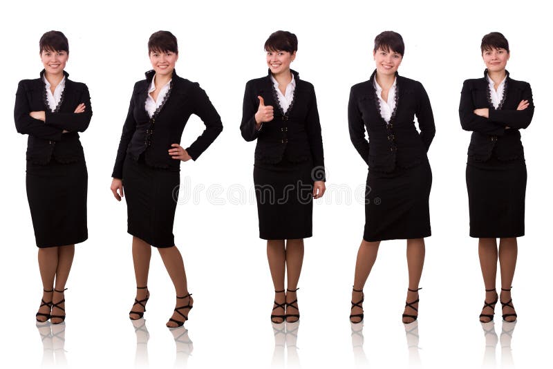 Whole-length portrait of business woman with brown hair is standing. Brunette businesswoman dressed in black suit. Isolated over white background. Whole-length portrait of business woman with brown hair is standing. Brunette businesswoman dressed in black suit. Isolated over white background.