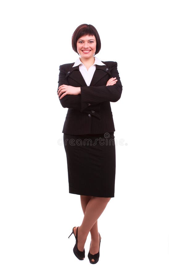 Whole-length portrait of business woman with brown hair is standing. Brunette businesswoman dressed in red suit. Isolated over white background. Whole-length portrait of business woman with brown hair is standing. Brunette businesswoman dressed in red suit. Isolated over white background.