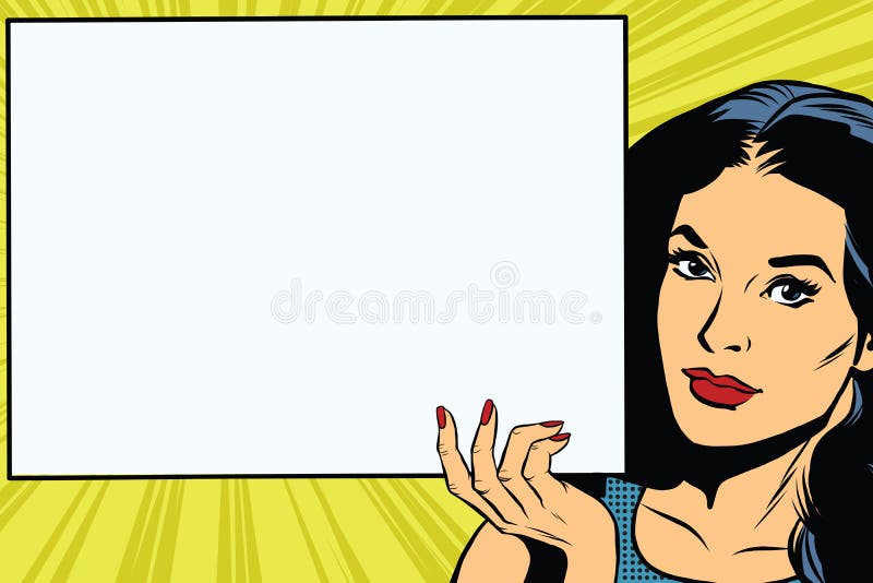 Brunetă care ține un poster dreptunghiular gol stock illustration