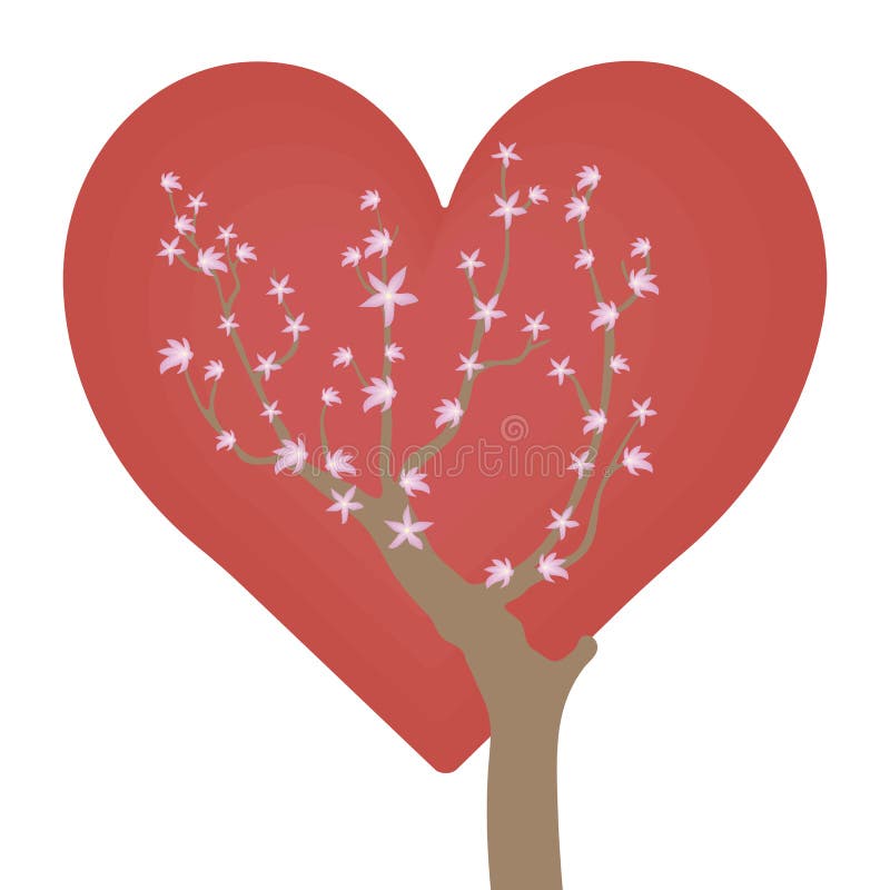 Brunt ljust branchy träd med små rosa blommor på ljusa röda hjärtor för en bakgrundsförälskelse som isoleras på en vit bakgrund vektor illustrationer