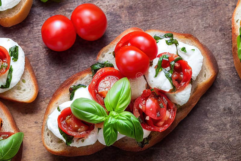 Bruschetta on Baguette with Small Tomatoes and Mozzarella Curd Cheese ...