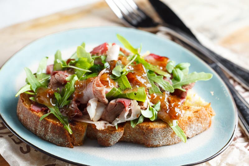 Bruschetta with Beef, Tomatoes and Salmon.. Variety of Dishes on the