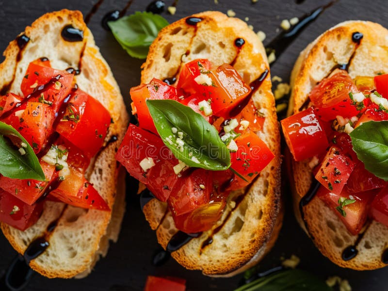 Bruschetta besteht aus gerösteten Brotslicen, überzogen mit einer Mischung aus gewürfelten Tomaten. ai-Bild. stock abbildung