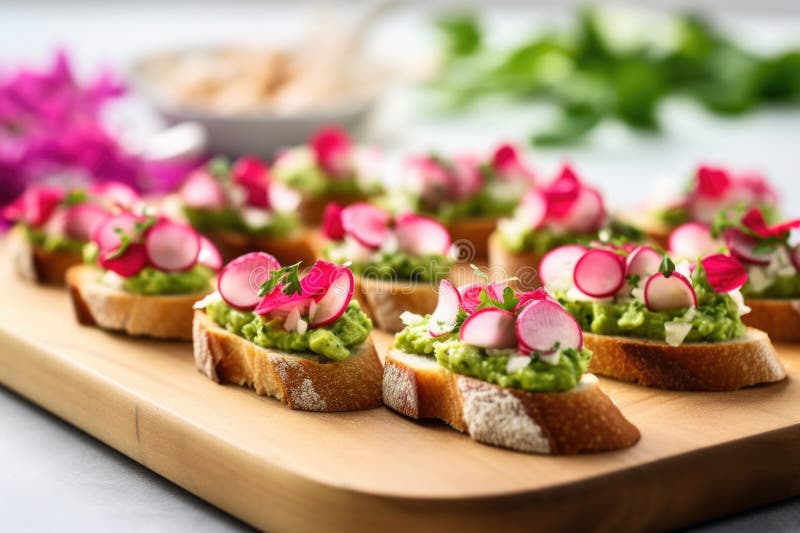 Bruschetta cu avocado zdrobit și ridichi subțiri feliate royalty free stock photography