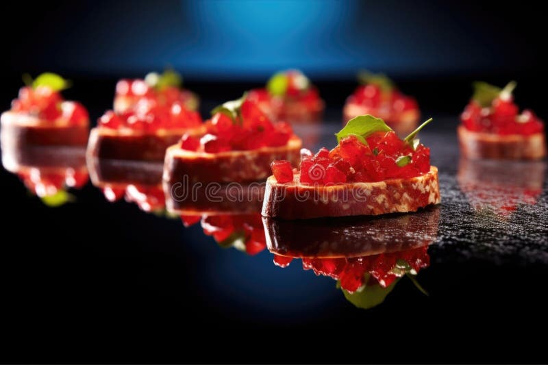 Bruschetta cu căpșuni zdrobite pe o masă de sticlă cu reflexie stock photography