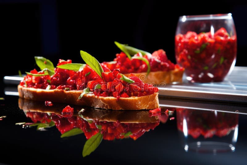 Bruschetta cu căpșuni zdrobite pe o masă de sticlă cu reflexie. Bruschetta cu căpșuni zdrobite pe o masă de sticlă care prezintă reflexia creată cu ajutorul generativ