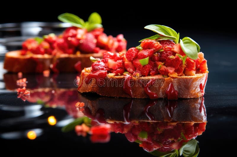 Bruschetta cu căpșuni zdrobite pe o masă de sticlă cu reflexie royalty free stock photos