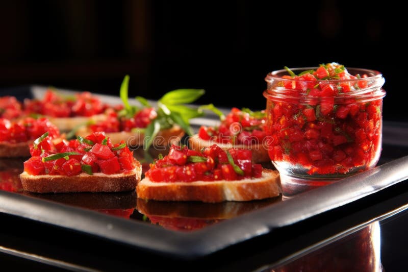 Bruschetta cu căpșuni zdrobite pe o masă de sticlă cu reflexie stock photos