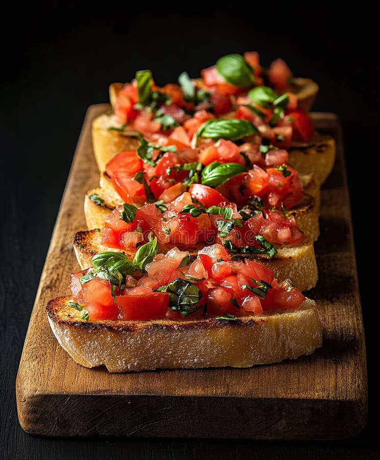 Bruschetta delicioasă cu roșii proaspete și busuioc pe o placă de lemn vector illustration