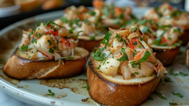 Bruschetta di aragosta con erbe fresche su una piastra di ceramica illustrazione vettoriale
