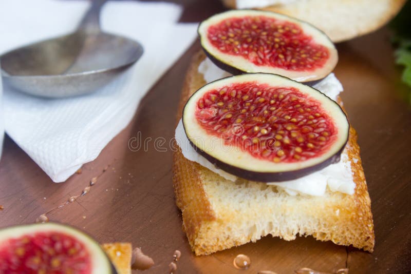 Bruschetta with Goat Cheese and Figs on Copper Tray Stock Image Image