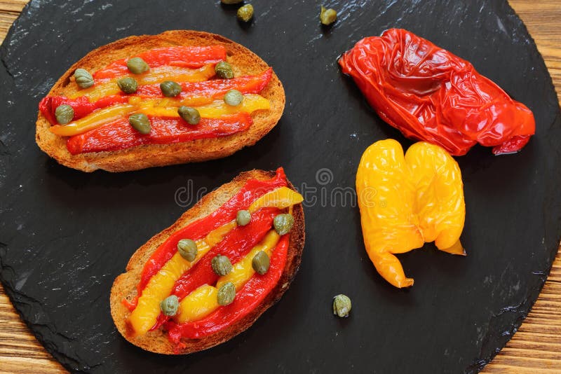 Bruschetta with Grilled Peppers and Capers Stock Photo Image of snack