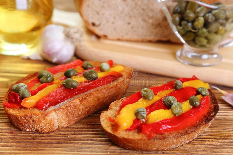 Bruschetta with Grilled Peppers and Capers Stock Image Image of snack