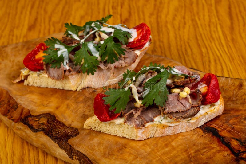 Bruschetta with roastbeef stock photo. Image of diet 124241026