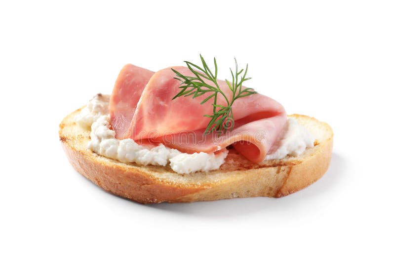 Bruschetta sabroso con el jamón en blanco imagen de archivo Bruschetta sabroso con el jamón en blanco imagen de archivo